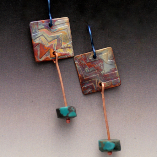 Click to view detail for MB-E452 Earrings, Copper Squares with Turquoise $86